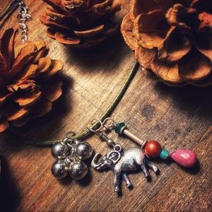 Silver Elephant, Rose & Teal Beads, Cluster Charms